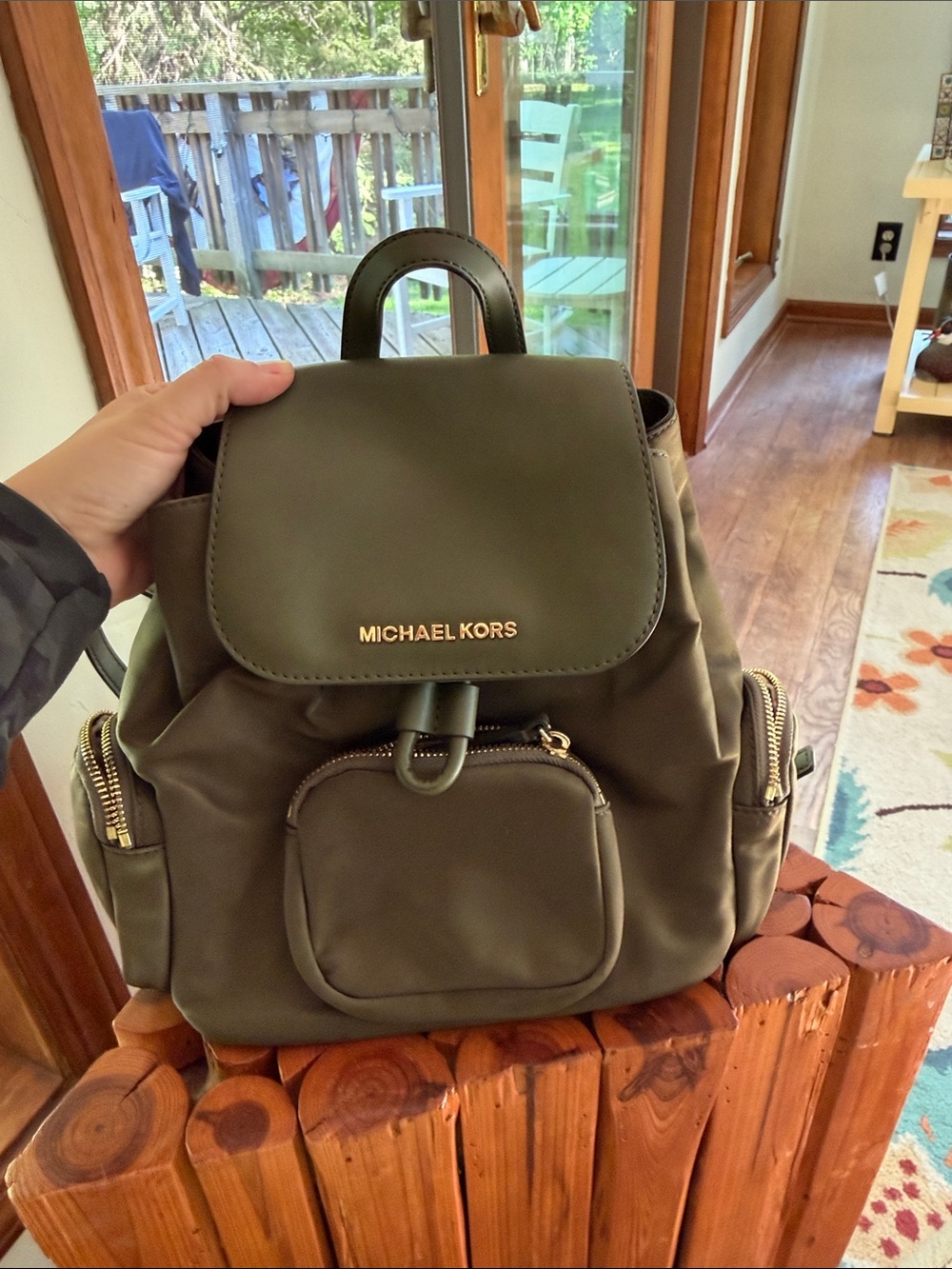Michael Kors Olive Green Nylon Backpack with Gold Hardware